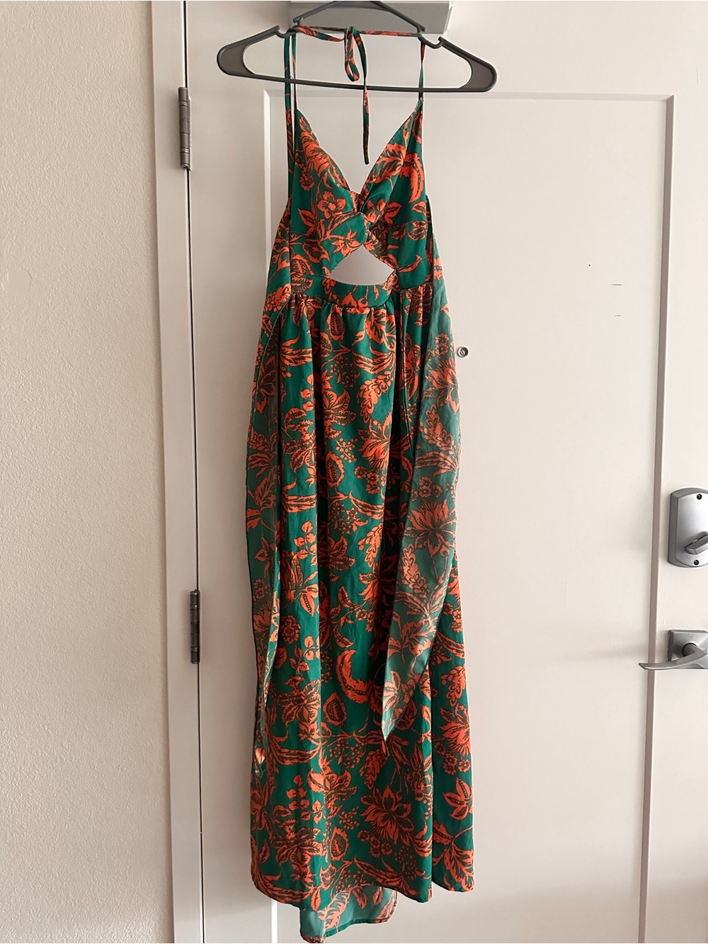 Green and Orange Floral Halter Maxi Dress with Cutout